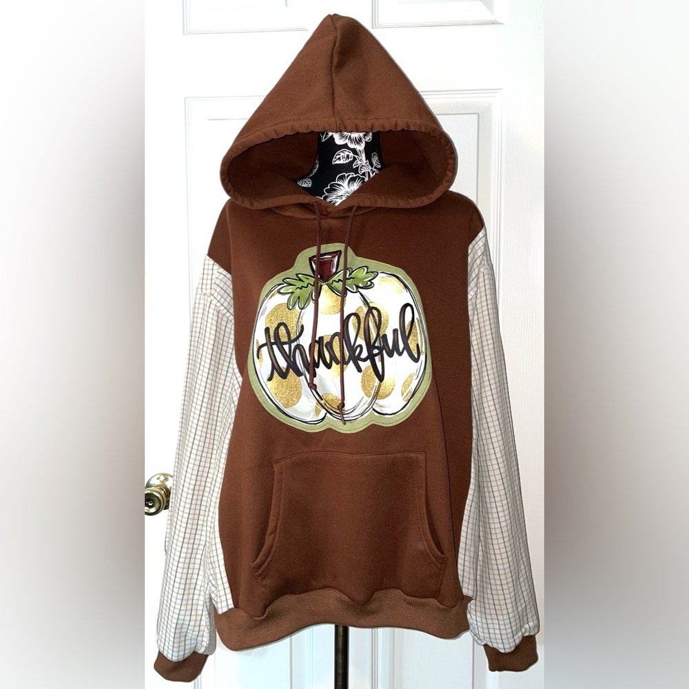 “Thankful” White & Gold Pumpkin Chestnut Brown Pullover Hoodie Flannel Arms